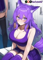 :d ai_generated bench blush breasts cheerleader cleavage curvy cute dog_ears dog_girl doggirl female female_only happy highres hips huge_breasts indoors kemonomimi light_skin light_skinned_female locker_room long_hair looking_at_viewer outdoors patreon_username petgirl public purple_ears purple_eyes purple_hair purple_tail sitting skirt solo_focus sports_bra standing sweat sweatdrop teeth thick_thighs thighs tired tori toriwoofs watermark wide_hips wolf_ears