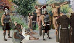 3d 4girls 6+boys black_panties blonde_hair blood crucifixion monk multiple_boys multiple_girls original topless torture wounded zenrow236