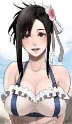 1girls alternate_costume alternate_hairstyle big_breasts bikini bikini_top black_hair brown_eyes butcha-u female female_only final_fantasy final_fantasy_vii final_fantasy_vii_rebirth final_fantasy_vii_remake flower_in_hair large_breasts smile solo swimsuit tifa_lockhart