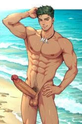 ai_generated aiden_flynn bara beach beard big_penis camp_buddy erection facial_hair gay green_hair hi_res huge_cock looking_at_viewer male male_only muscular muscular_male naked naked_male nexusgarden nude nude_male penis sea short_hair sky solo solo_male water