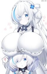 2girls ? alternate_breast_size azur_lane bare_shoulders big_breasts blue_eyes blue_hair boob_hat braid breasts collarbone colored_skin dress dual_persona gigantic_breasts kamishiro_(rsg10679) kmsr long_hair looking_at_viewer multiple_girls short_hair simple_background tb_(azur_lane) white_background white_body white_dress white_hair white_skin