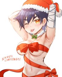 bakemonogatari christmas female_only half-dressed kanbaru_suruga light-skinned_female monogatari_(series) otawan purple_hair ribbon sweat tagme tongue_out wink yellow_eyes