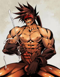 1boy abs bara blush cum drooling gloves guilty_gear male male_only masturbation muscle muscles na_insoo nude pecs penis rennik saliva sol_badguy solo testicle_grab testicles