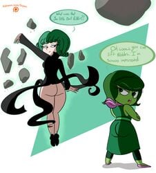 2girls ass back_view crossover dat_ass disgust_(inside_out) disney eastern_and_western_character english_text eyelashes eyeshadow female female_only green_skin inside_out multiple_girls no_panties one-punch_man pixar simple_background supesnsfw tatsumaki telekinesis text