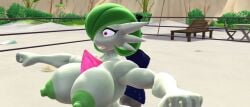 2girls 3d 3d_(artwork) arms_up big_areola big_breasts breasts crossover dc_comics erect_nipples female female_only fighting_ring game_freak gardevoir green_nipples legs_up mmd muscles muscular muscular_female nintendo pokemon pokemon_(species) primordiol raven_(dc) shocked shocked_expression t_pose tagme thighs