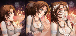 arrow bandages breasts brown_eyes brown_hair campfire cleavage comic cum cum_in_hair cum_in_mouth cum_on_breasts cum_on_clothes cum_on_face dirty english_text facial fellatio female fire hmage lara_croft lara_croft_(survivor) long_hair male nature necklace night no_bra open_mouth oral outdoors ponytail quiver runny_makeup saliva see-through solo_focus straight tank_top tears tied_hair tomb_raider tomb_raider_(survivor) tongue tongue_out