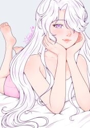 1girls absurd_res cute feet lilac_eyes lipstick long_hair looking_at_viewer lying_on_bed original_character purple_eyes shirt shorts shy smile solo stariylu white_hair