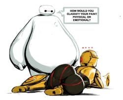 1boy 1girls baymax big_hero_6 bodysuit full_body gogo_tomago huge_ass lying marvel marvel_reference meme on_side redblacktac robot rogue_dat_ass_(meme) simple_background skin_tight speech_bubble white_background wide_hips x-men