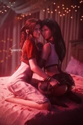 2girls 3d aerith_gainsborough ass big_ass big_breasts big_butt black_hair breasts brown_hair cyanitro female female_only final_fantasy final_fantasy_vii final_fantasy_vii_remake indoors light-skinned_female light_skin long_hair looking_at_viewer multiple_girls no_penetration stockings teasing thighs tifa_lockhart