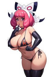 1girls ai_generated big_breasts bikini elbow_gloves enemy_conversion gloves hairband klara_(pokemon) latex latex_gloves nintendo novelai pokemon pokemon_ss pokemon_ss_isle_of_armor stockings team_rocket thighhighs