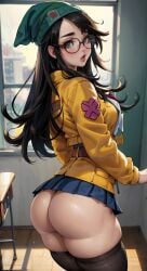 1girls ai_generated ass ass_focus big_ass black_hair classroom female female_only glasses hair killjoy_(valorant) long_hair lux_paladin no_panties partially_clothed riot_games school school_uniform schoolgirl thick_thighs thighhighs thighs valorant