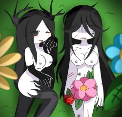 2girls areolae black_eyes black_hair breasts flowers multiple_girls nipples nude_female roblox roblox_game sama_(the_mimic) tagme the_mimic traumatized yurei_(the_mimic) yuri