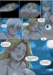 big_breasts blonde_hair breasts censored comic comic_page dr.stone english_text green_eyes hanada_nikki karbuitt large_breasts light-skinned_female light-skinned_male light_skin long_hair mosaic_censoring saionji_ukyo short_hair speech_bubble text white_hair