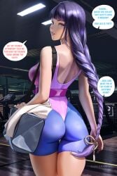 1girls ass braided_hair breasts english_text female genshin_impact gym_clothes huge_breasts large_ass light-skinned_female light_skin long_hair naughty_face purple_eyes purple_hair raiden_shogun rear_view solo_female sportswear zumi