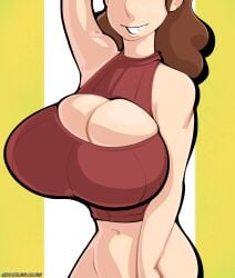 big_breasts bootlegjones breasts brown_hair cleavage cleavage_cutout cleavage_window female hilda_(series) johanna_(hilda) large_breasts light-skinned_female light_skin milf navel red_sweater short_hair smile smiling solo sweat