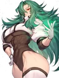 1girls big_breasts breasts busty chiyu_mahou_no_machigatta_tsukaikata curvaceous curvy curvy_body curvy_female curvy_figure female fumio_(rsqkr) gloves green_hair huge_breasts large_breasts leotard long_hair red_eyes rose_(twwtuhm) the_wrong_way_to_use_healing_magic voluptuous white_background white_gloves wide_hips