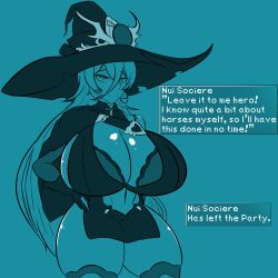 cleavage hyper_breasts marianatrencher nijisanji nui_sociere text thick_thighs thighhighs video_games virtual_youtuber witch_hat