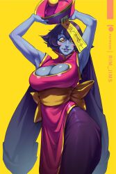 1girls 2023 big_breasts blue_skin capcom cheek_spots chinese_clothes cleavage_cutout darkstalkers female female_only hi_res hsien_ko jiangshi lei-lei lei_lei looking_at_viewer ofuda purple_hair qing_guanmao rim_jims solo yellow_background yellow_eyes