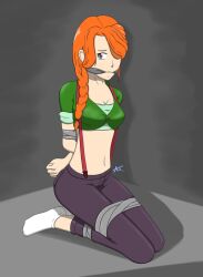 bound crop_top duct_tape_gag female female_focus green_clothing leah_(stardew_valley) orange_hair stardew_valley