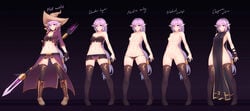 boots breasts character_sheet elf female full-length_portrait full_length hat kaleina_(ricegnat) kerasu long_hair model_sheet nipples original pointy_ears portrait pubic_hair purple_eyes purple_hair pussy ricegnat small_breasts solo spear standing thighhighs uncensored weapon