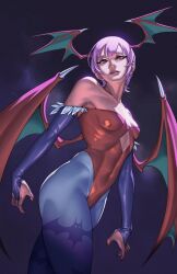 1girls 2024 bat_print blue_pantyhose capcom darkstalkers female female_only gauntlets head_wings hi_res leotard lilith_aensland looking_at_viewer pantyhose purple_hair rim_jims short_hair small_breasts solo succubus succubus_wings thick_thighs thunder_thighs wings