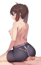 1boy 1girls absurdres ahoge ass back bike_shorts black_shorts blue_eyes blush breasts brown_hair buttjob buttjob_over_clothes closed_mouth commission cum cum_on_ass cum_on_body cum_on_penis female female_commander_(girls'_frontline) girls'_frontline grinding highres light-skinned_female light-skinned_male light_skin looking_back multicolored_hair nekobao nipples original penis shorts side_ponytail sitting sitting_on_person small_breasts straight streaked_hair tongue tongue_out uncensored