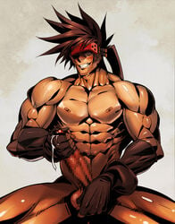 1boy abs ball_fondling bara blush cum drooling ejaculation erection gloves guilty_gear looking_at_viewer male male_masturbation male_only masturbation muscle muscles muscular_male na_insoo naughty_face nude pecs penis rennik saliva sol_badguy solo testicle_grab testicles