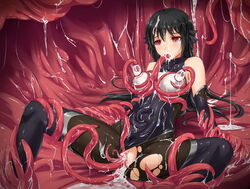 all_the_way_through bare_shoulders black_hair bodysuit bondage bound breast_sucking breasts cleavage cum cum_in_pussy double_breast_sucking empty_eyes fellatio female gloves highres lactation latex leotard leotard_aside long_gloves long_hair midnight_(artist) milking_tentacles nipples open_mouth oral original pantyhose penetration pussy pussy_juice red_eyes solo spread_legs suction_tentacles tentacle tentacle_sucking_breasts thighhighs torn_clothes torn_pantyhose torn_thighhighs vaginal_penetration