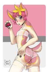 1boy androgynous animal_ears anthro ass bra candylady crossdressing deer_ears deer_tail deerling eyelashes femboy flaccid flower foreskin from_behind garter_straps girly hair_flower hair_ornament lingerie male_only open_mouth panties penis personification pink_hair poke_ball pokemon solo tail testicles thighhighs trap underwear watermark