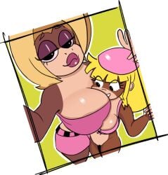 absurd_res age_difference alpha_channel anthro ape big_breasts blonde_hair bottomless bottomless_anthro bottomless_female breasts candy_kong clothed clothing digital_media_(artwork) dixie_kong donkey_kong_(series) duo female female/female for_sticker_use fur genitals hair haplorhine headgear headwear hi_res kong makeup mammal mature_female monkey nintendo no_background pink_shorts png primate pussy simple_background size_difference smile sticker_template transparent_background transparent_png whatpanda