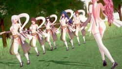 3d 6+girls 6girls alternate_costume anna_(fire_emblem) armpits ass asymmetrical_bangs back bangs bare_back bare_midriff bare_shoulders bare_thighs big_ass black_eyes black_hair blue_hair blush bra braid breasts brown_hair closed_eyes clothed_female_nude_female confusion cosplay dancer dancing dume embarrassed exhibitionism female female_only fire_emblem fire_emblem_awakening frown functionally_nude functionally_nude_female heavy_blush long_hair looking_away lucina_(fire_emblem) medium_breasts medium_hair midriff miriel_(fire_emblem) multiple_girls naked_footwear naked_thighhighs navel nintendo nude nude_female olivia_(fire_emblem) olivia_(fire_emblem)_(cosplay) outdoors panties pink_hair ponytail pose red_eyes red_hair robin_(fire_emblem) robin_(fire_emblem)_(female) see-through shoes short_hair shoulders small_breasts smile socks socks_and_shoes tharja_(fire_emblem) thigh_socks thighhighs thighs tiptoes training tree twintails veil very_long_hair white_bra white_hair white_panties