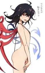 1girls ahoge ass asymmetrical_wings black_hair blue_wings female flat_chest hair_between_eyes henriiku_(ahemaru) houjuu_nue japanese_text looking_at_viewer medium_hair nue_houjuu open_mouth pointy_ears red_eyes red_wings simple_background slingshot_swimsuit solo sweatdrop swimsuit tagme thighs touhou white_background wings young