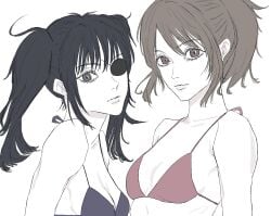 2girls alternate_costume bikini black_eyes black_hair brown_eyes brown_hair cleavage eye_patch female female_only gintama long_hair looking_at_viewer ponytail shimura_tae small_breasts sultokk1 twintails upper_body white_skin yagyuu_kyuubei