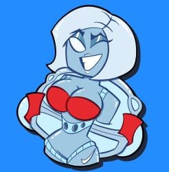 1girls airie_(fortnite) blue_body bra breasts cleavage female female_only fortnite freakywisperz jacket lego lego_airie_(fortnite) lego_fortnite looking_at_viewer open_clothes smile solo tagme white_eyes white_hair wide_hips wink winking winking_at_viewer wisperzzz