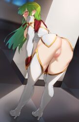 1girls annoyed anus ass ass_focus bent_over big_ass blur_censor blush c.c. censored censored_pussy code_geass female golden_eyes green_hair indoors large_breasts looking_back presenting_pussy pussy solo standing tamamoice thick_thighs thighhigh_boots white_clothing yellow_eyes