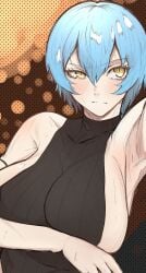 angela_(library_of_ruina) angela_(lobotomy_corporation) armpit_fetish armpits arms_up big_breasts blue_hair library_of_ruina lobotomy_corporation nb8c project_moon raised_eyebrows short_hair shoulders sideboob sweat sweater yellow_eyes