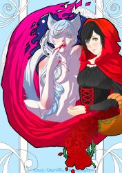 artist_request beastgirl blue_eyes cloak female female_only red_hair ruby_rose rwby silver_eyes weiss_schnee white_hair