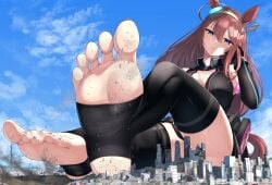 1girls barefoot blue_eyes brown_hair city cleavage destruction detailed_background feet feet_focus female giantess hairband horse_ears horse_girl horse_tail lien mihono_bourbon_(umamusume) pink_nails stirrup_legwear umamusume