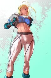 abs blonde_hair blue_eyes blue_shoes cammy_white clothed clothing collar covered_nipples covering_breasts female_only fully_clothed gloves highres light-skinned_female light_skin lips street_fighter street_fighter_6 tomoyuki_kotani white_jacket white_pants