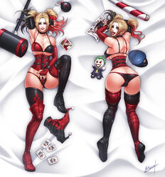 1girls armpits ass baseball_bat batman_(series) blonde_hair blue_eyes bomb bra breasts cap card cards cleavage corset dakimakura dat_ass dc doll elbow_gloves facepaint facial facial_mark female female_only fingerless_gloves gloves hammer harley_quinn jester_cap karosu-maker large_breasts legwear lingerie lipstick makeup melee_weapon midriff multicolored_hair multiple_views nail_polish navel open_mouth panties photo_(object) red_lips red_lipstick shoes solo stomach supervillain tied_hair tongue_out twintails two_tone_hair underwear war_hammer weapon weapons