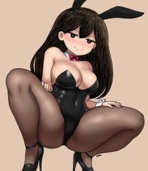 1girls ass black_hair blush breasts bunny_ears bunnysuit dako dakosito female high_heels mari_(omori) omori pantyhose sitting smug solo squatting teasing thick_thighs very_high_resolution