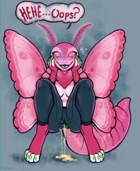 antennae_(anatomy) anthro arthropod blush bodily_fluids breasts clothing female genital_fluids hi_res insects leggings legwear lepidopteran moth open_mouth peeing peeing_through_clothing pink_body prince-vulpine simple_background smile solo tail urine urine_stream watersports wetting wings