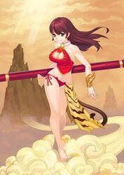 bare_shoulders barefoot breasts brown cat_cutout cat_ear_panties cat_lingerie cleavage cloud collarbone cute feet female female_only front_view grin hair human legs solo tagme toes