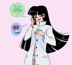 asian asian_female black_hair blush blushing dexter dexter's_laboratory english_text labcoat lee_lee long_hair lui-ra naked_under_clothes nude_underneath phone tagme talking_on_phone underwear
