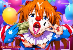 ai_generated asuka_langley_sohryu clown clown_makeup cumshot_in_mouth humiliation neon_genesis_evangelion prostitution sucking sucking_penis