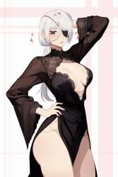 1girls ass ass_in_dress big_ass big_breasts black_dress blush blushing breasts cameltoe chainsaw_man cleavage deep_cleavage dress embarrassed eye_patch eyepatch female hand_on_head hand_on_hip hand_on_waist hands_behind_head heart hearts_around_head hourglass_figure inner_sideboob kiss_mark lace lipstick lipstick_mark lipstick_on_breast long_hair looking_at_viewer medium_breasts ms_tsukii no_bra no_panties pelvic_curtain ponytail quanxi_(chainsaw_man) revealing_clothes robe seductive see-through see-through_clothing see-through_dress see-through_panties shy sideboob simple_background slim_waist slutty_outfit solo solo_female standing thick thick_ass thick_thighs thighs thin_waist tight_clothing tight_dress voluptuous voluptuous_female white_hair wide_hips