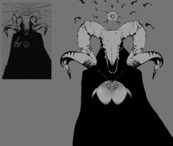 bikini breasts demon demon_girl demon_horns front_view grey_skin impregnation looking_at_viewer monochrome monster monster_girl necklace qlex_beyond6 reference_image satanic shiny_skin skull skull_head sperm_cell standing