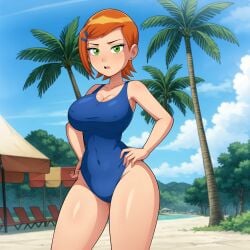 1girls ai_generated ass bad_hand beach ben_10 ben_10_(classic) big_ass big_breasts blue_sky breasts cartoon_network cats62 cloud cloudy_sky coconut_tree covered_navel ear_piercing green_eyes gwen_tennyson hairclip huge_breasts human large_ass large_breasts light-skinned_female light_skin looking_at_viewer navel orange_hair outdoors outside palm_tree short_hair sky solo solo_female solo_focus standing thighs tree trees voluptuous voluptuous_female