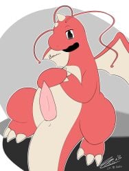 absurd_res balthy balthysstuff dragon dragonite fusion generation_1_pokemon genitals hi_res mythological_creature mythological_scalie mythology nintendo penis pokemon pokemon_(species) presenting scalie simple_background sitting tapering_penis