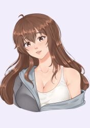 1girls bare_shoulders brown_eyes brown_hair cleavage coat huge_breasts large_breasts lipstick looking_at_viewer original_character shirt simple_background smile solo stariylu